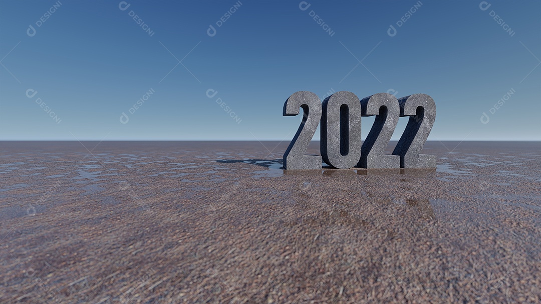Imagem de renderização 3D do texto 2022 no campo de argila molhada, céu e maquete de fundo.