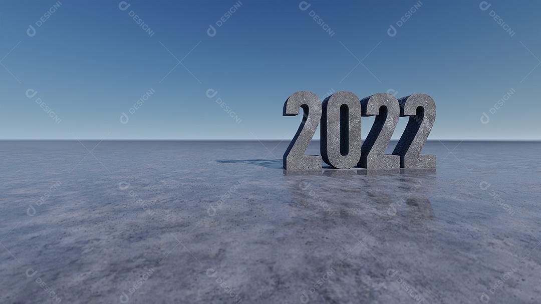 Imagem de renderização 3D do texto 2022 no piso de concreto, céu e maquete de fundo.
