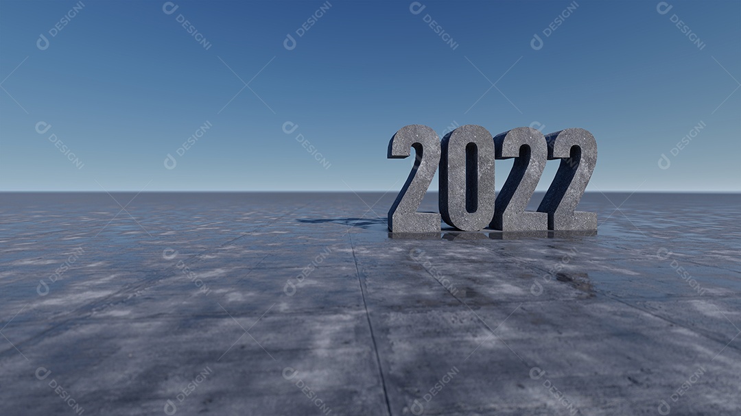 Imagem de renderização 3D do texto 2022 no piso de concreto rachado, céu e maquete de fundo