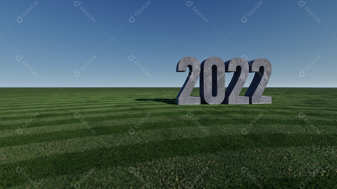 Imagem de renderização 3D do texto 2022 no piso arquivado de gramíneas, céu e maquete de fundo.
