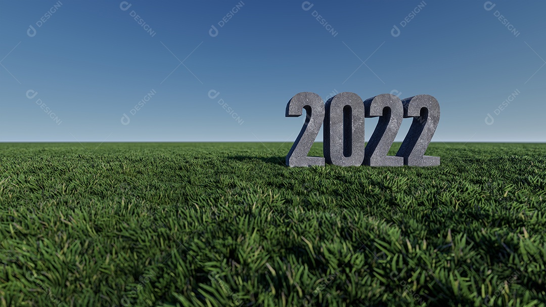 Imagem de renderização 3D do texto 2022 no piso arquivado de gramíneas, céu e maquete de fundo.