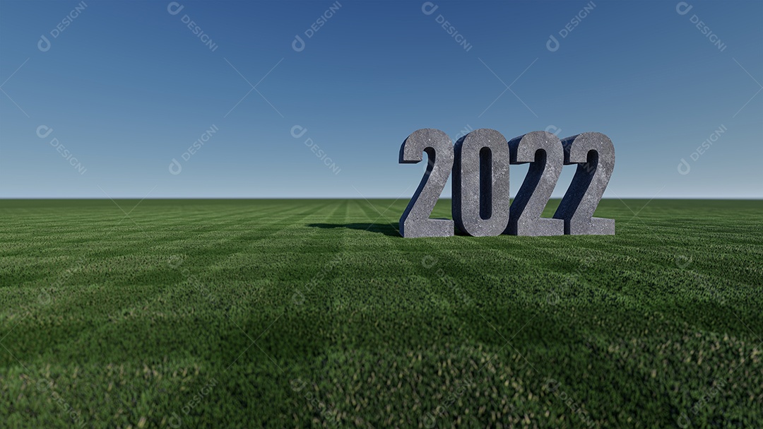 Imagem de renderização 3D do texto 2022 no piso arquivado de gramíneas, céu e maquete de fundo.
