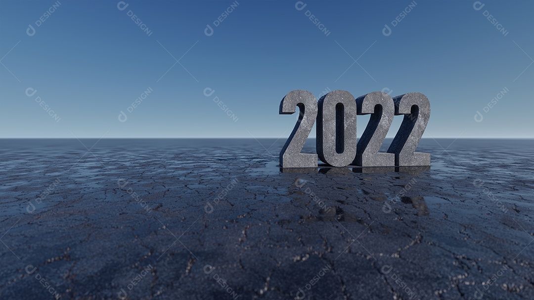 Imagem de renderização 3D do texto 2022 no chão rachado, céu e maquete de fundo.