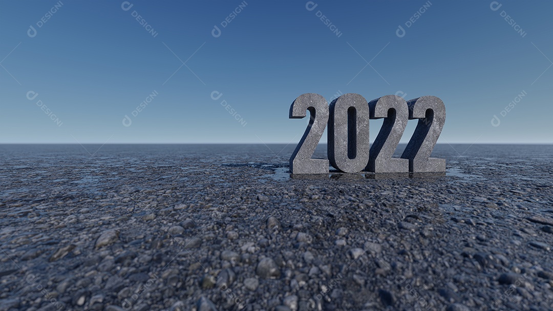 Imagem de renderização 3D do texto 2022 no chão de pedra, céu e maquete de fundo.