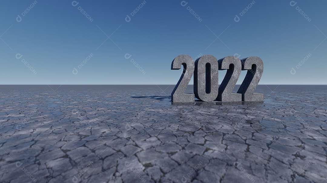 Imagem de renderização 3D do texto 2022 no chão de pedra, céu e maquete de fundo