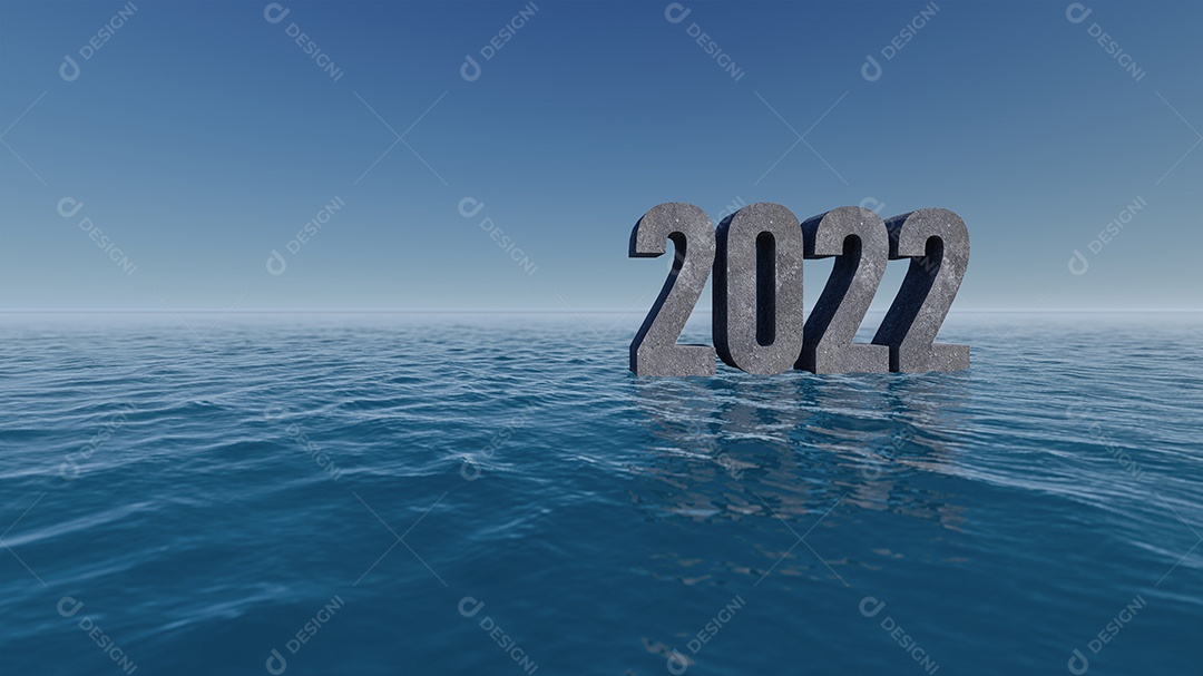 Imagem de renderização 3D do texto 2022 na maquete de água, céu e fundo