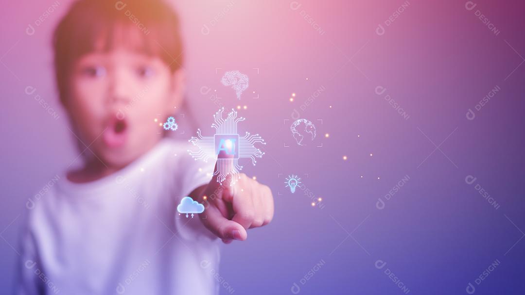 tecnologia futura, realidade aumentada e conceito de ciberespaço - meninas sorridentes felizes tocando projeção virtual