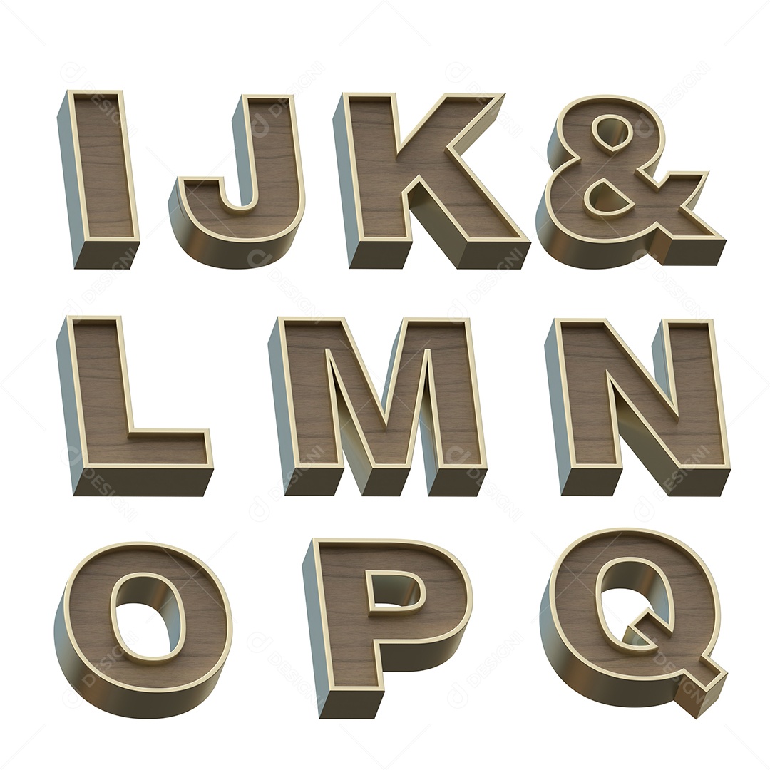 Uma imagem de renderização 3d de alfabeto dourados e de madeira.