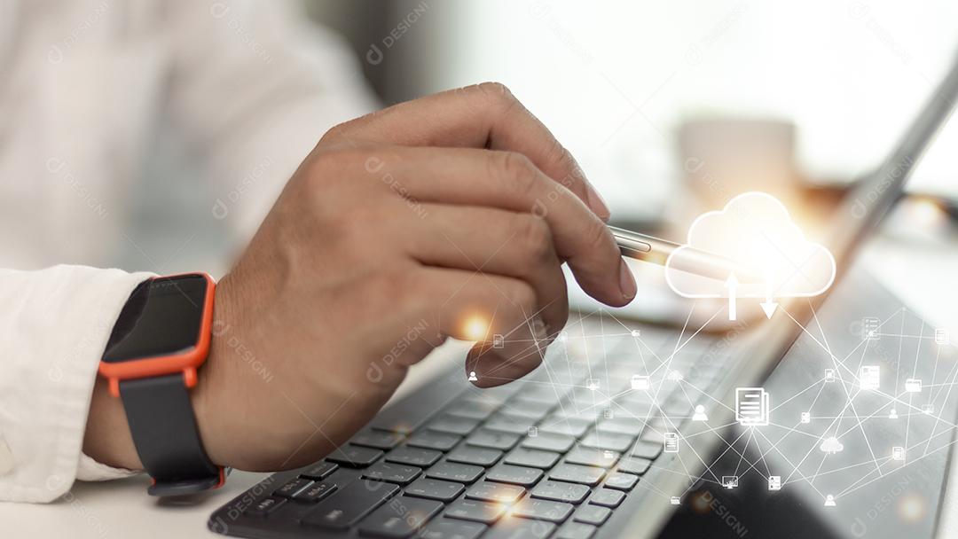 Ícones de tecnologia e computação em nuvem infográficos tocantes à mão, a tecnologia em nuvem é centralizada, coletando estilo de vida e informações confidenciais, como internet banking,