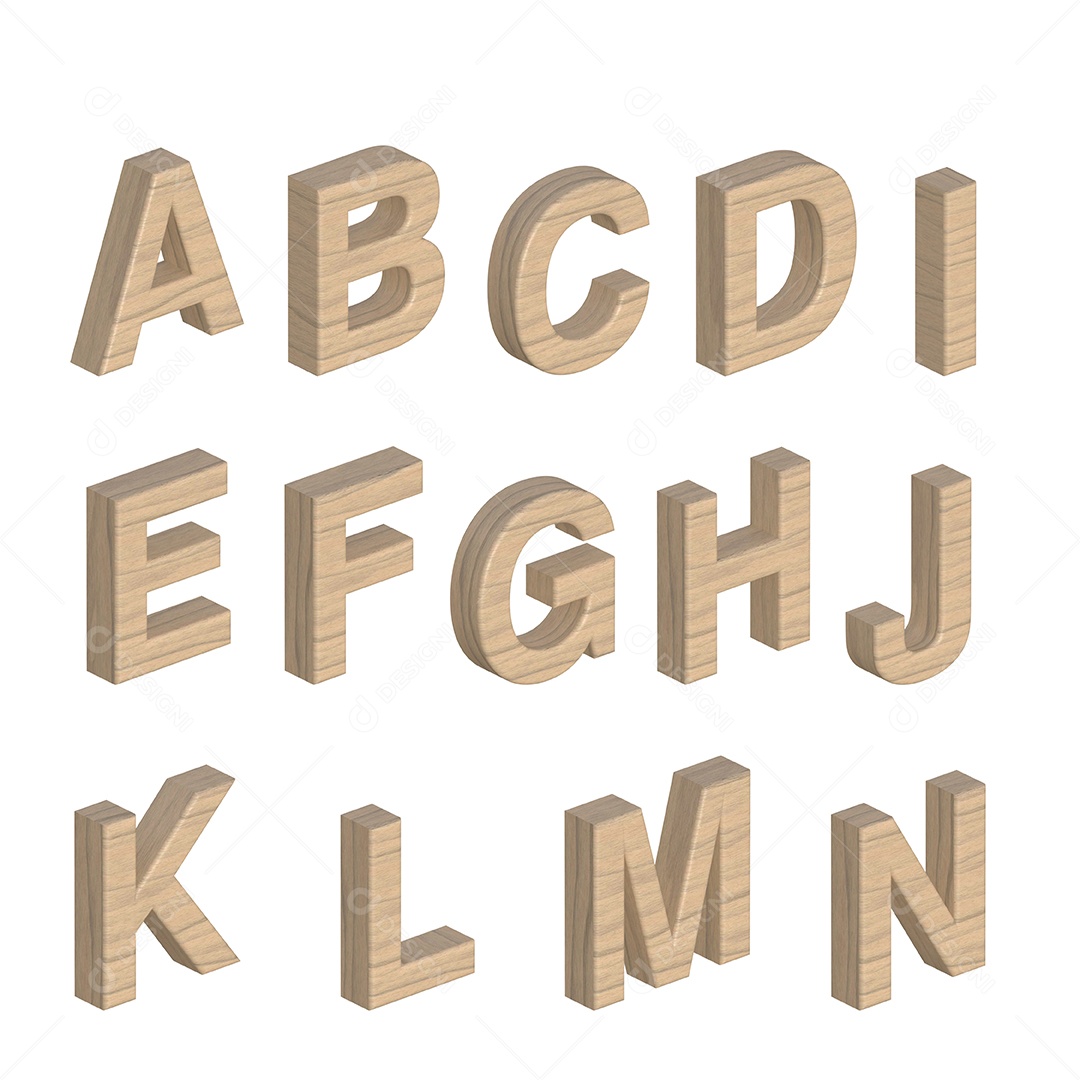 Uma imagem de renderização 3d de alfabetos de madeira de cor clara.