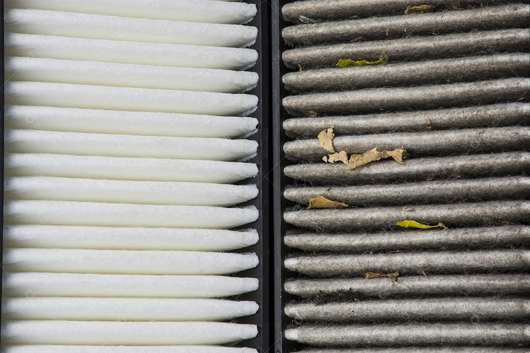 Close up macro of new and old car air filter surfaces