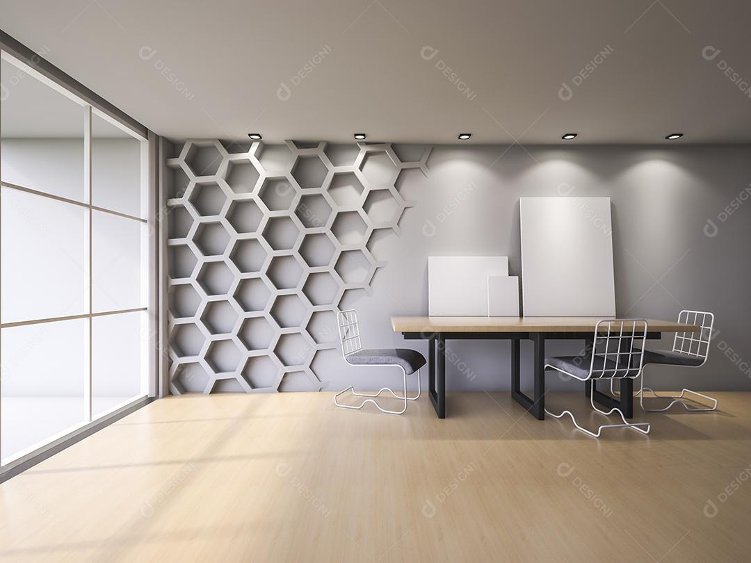 3Ds renderizado interior com parede hexagonal e piso de madeira