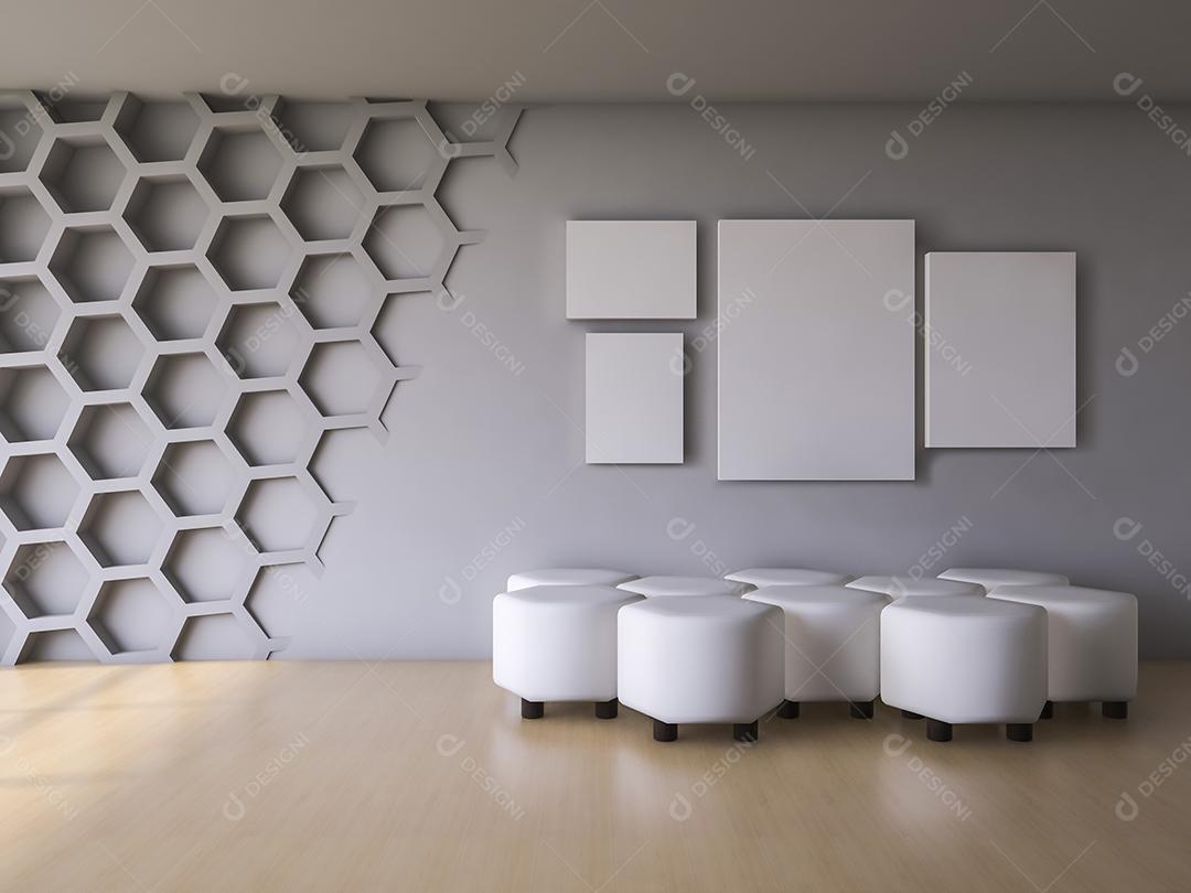 3Ds renderizado interior com parede hexagonal e piso de madeira