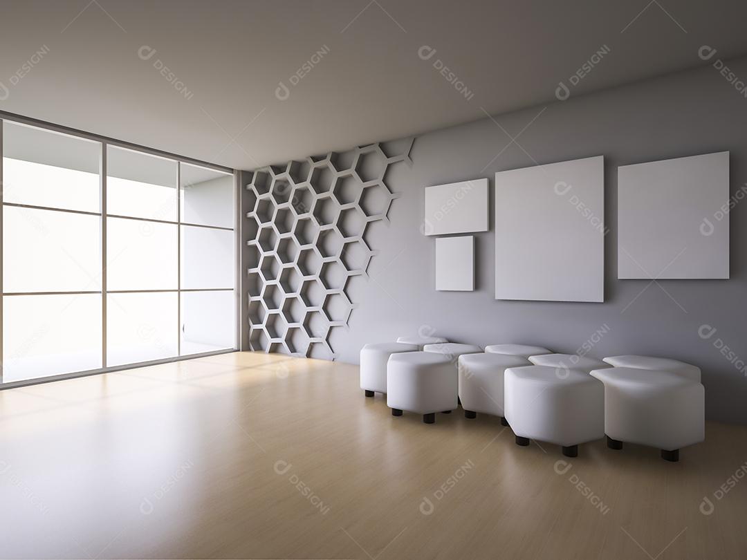 3Ds renderizado interior com parede hexagonal e piso de madeira