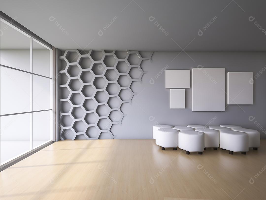 3Ds renderizado interior com parede hexagonal e piso de madeira