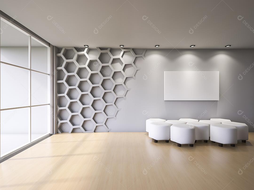 3Ds renderizado interior com parede hexagonal e piso de madeira