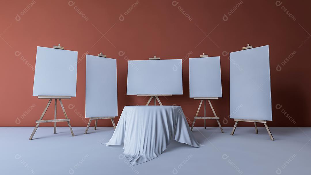 3Ds renderizou a imagem de tripés para pintura e mesa redonda coberta por tecido, parede de cor vermelha como plano de fundo