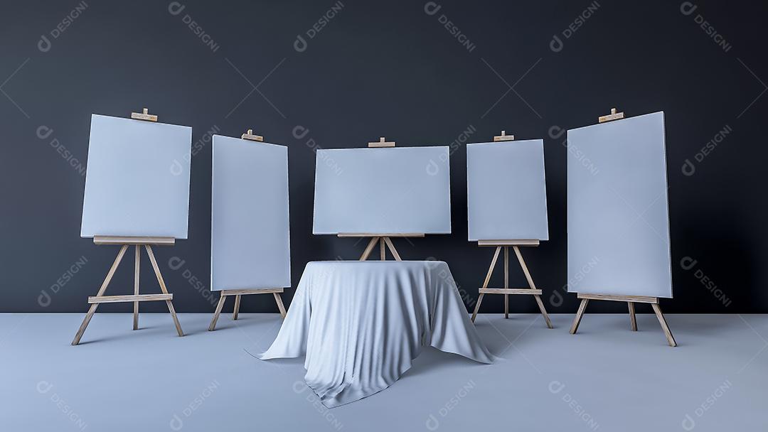 3Ds renderizou a imagem de tripés para pintura e mesa redonda coberta por tecido