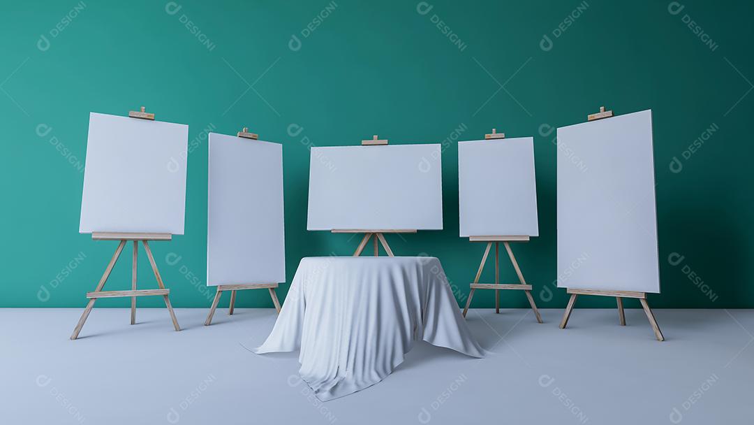 3Ds renderizou a imagem de tripés para pintura e mesa redonda coberta por tecido