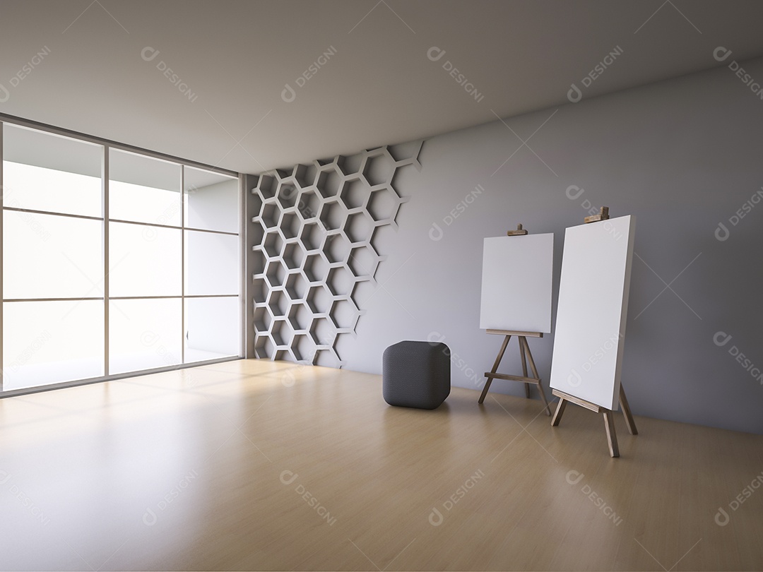 Interior com parede hexagonal e piso de madeira 3Ds