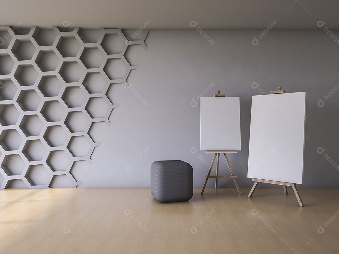 Interior com parede hexagonal e piso de madeira 3Ds