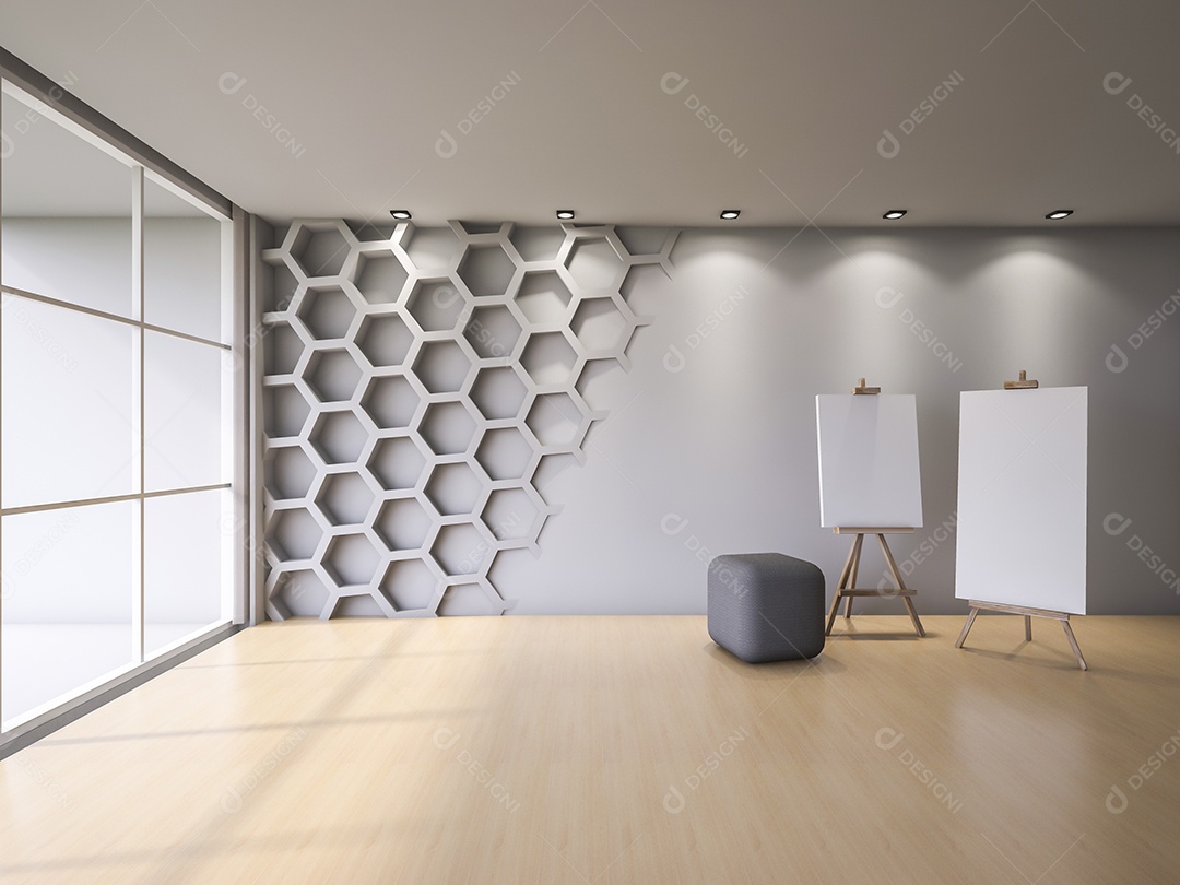 Interior de uma sala com paredes hexagonal e piso de madeira 3Ds