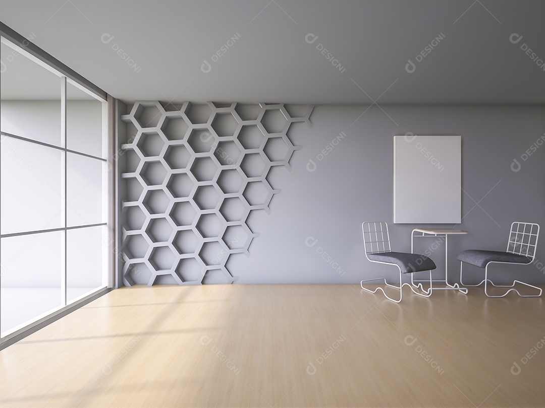 Interior de uma sala com paredes hexagonal e piso de madeira 3Ds