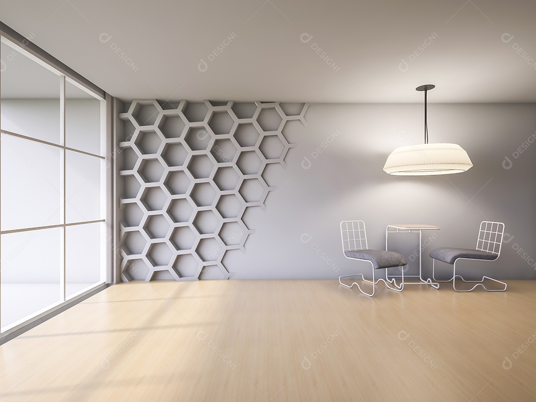 Interior de uma sala com paredes hexagonal e piso de madeira 3Ds