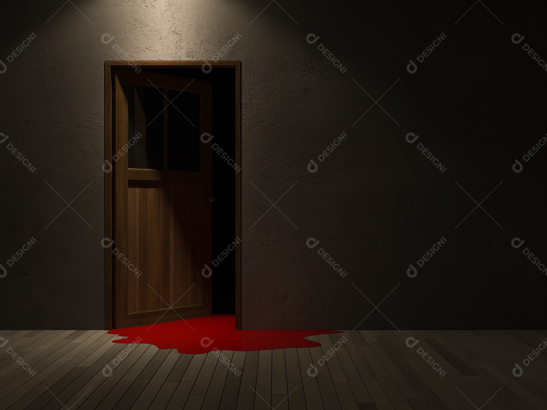 Porta de madeira e sangue estava se arrastando no chão de madeira. Parede de concreto rachada, plano de fundo para o dia de halloween.