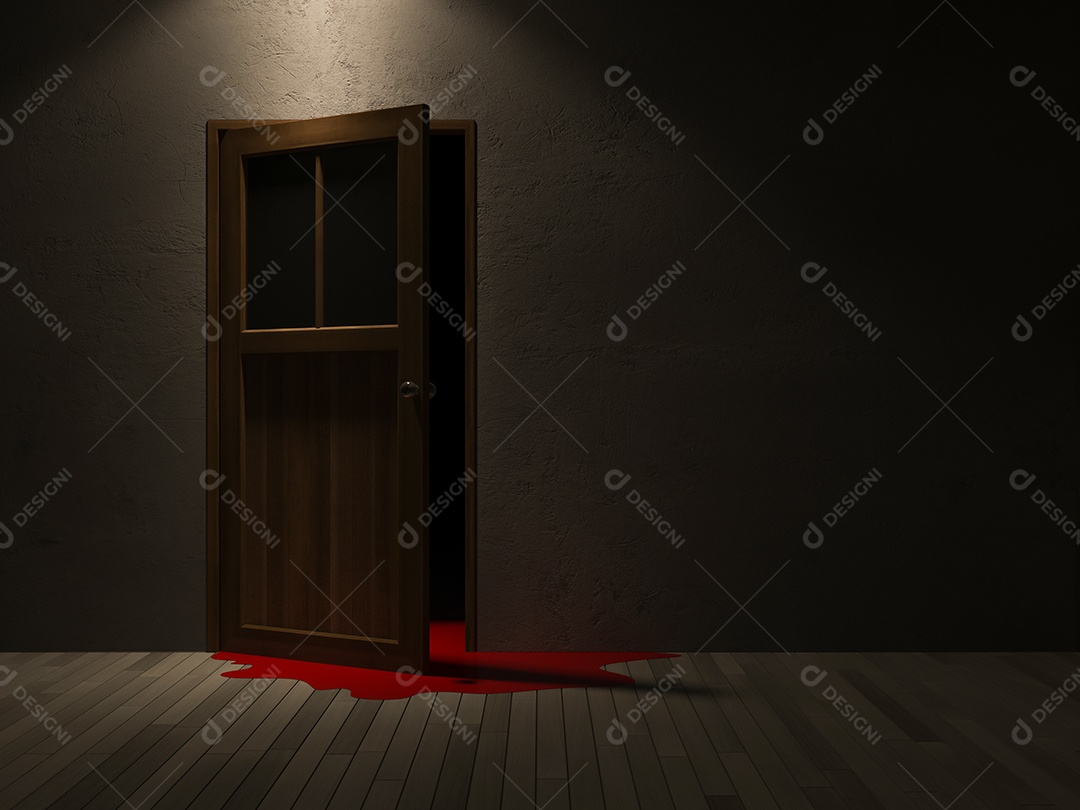 Porta de madeira e sangue estava se arrastando no chão de madeira. Parede de concreto rachada, plano de fundo para o dia de halloween.