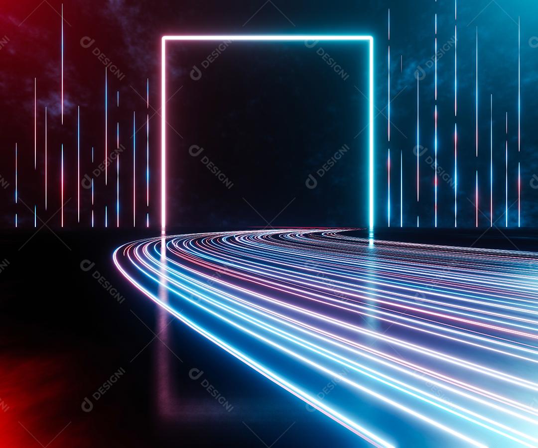 Trilha de luz azul e vermelha de renderização 3D com fundo de quadro de retângulo.