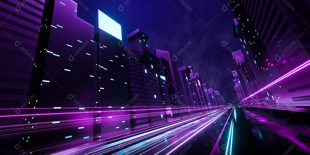 3d renderização cidade cyberpunk futurista com trilha de luz azul e rosa. Conceito sci fi centro da cidade à noite com arranha-céu, rodovia e outdoors.