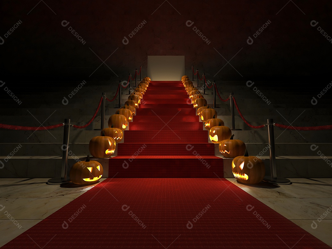 Imagem do tapete vermelho nas escadas de mármore que têm cabeças de abóbora colocadas ao lado.