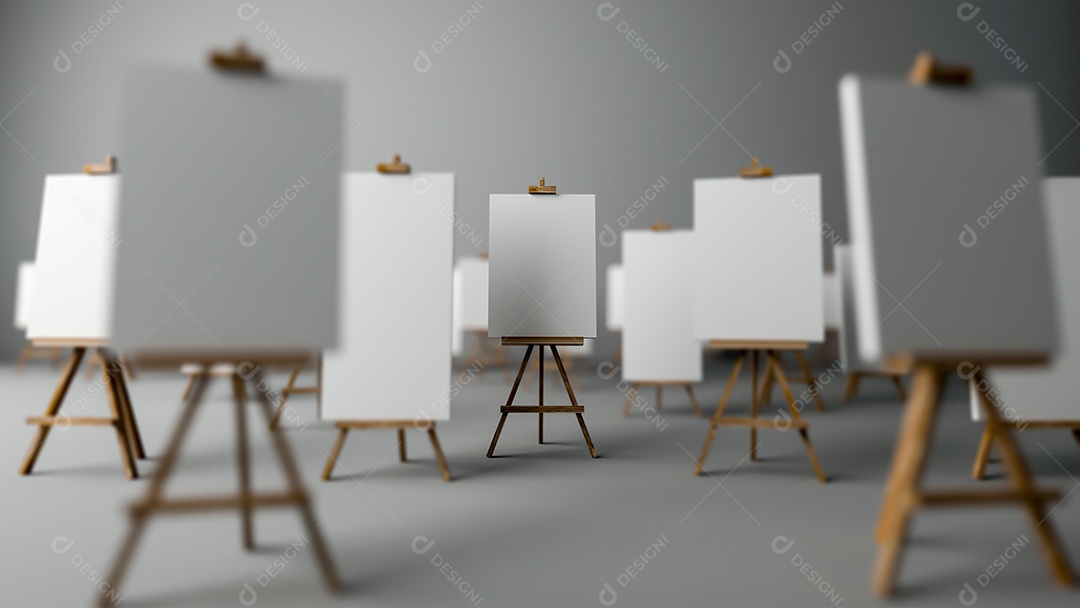 Imagem do tripé de madeira para pintura, foco seletivo no tripé do meio.