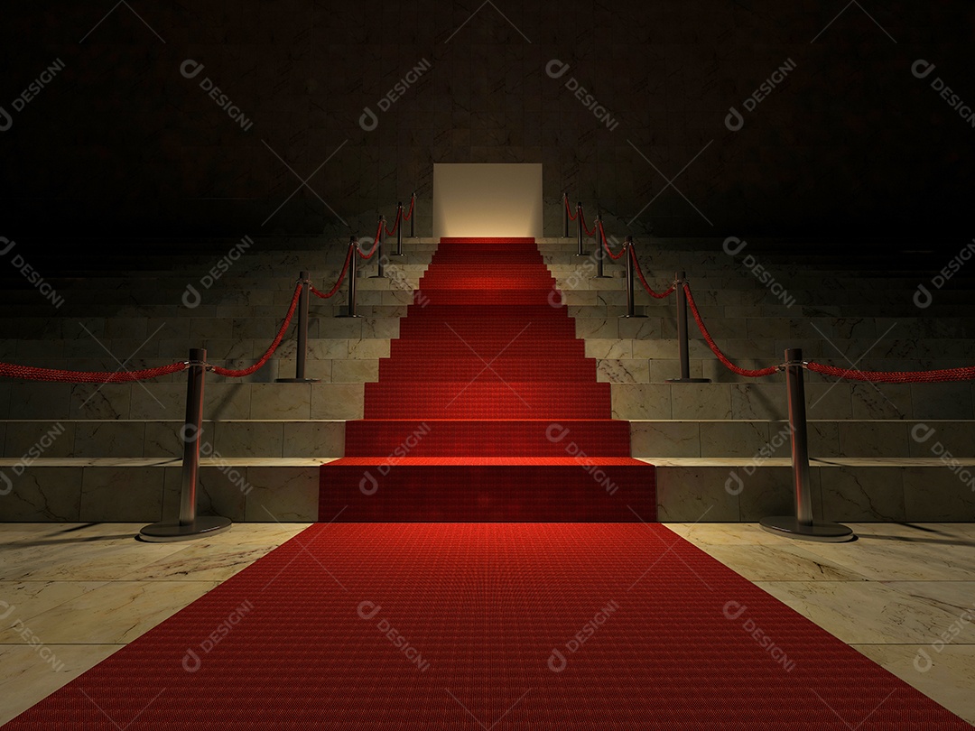 Imagem do tapete vermelho nas escadas de mármore.