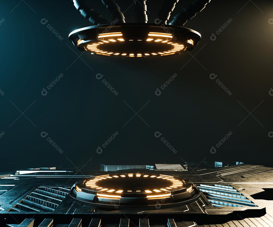 3d rendering empty podium with yellow neon light for product display.