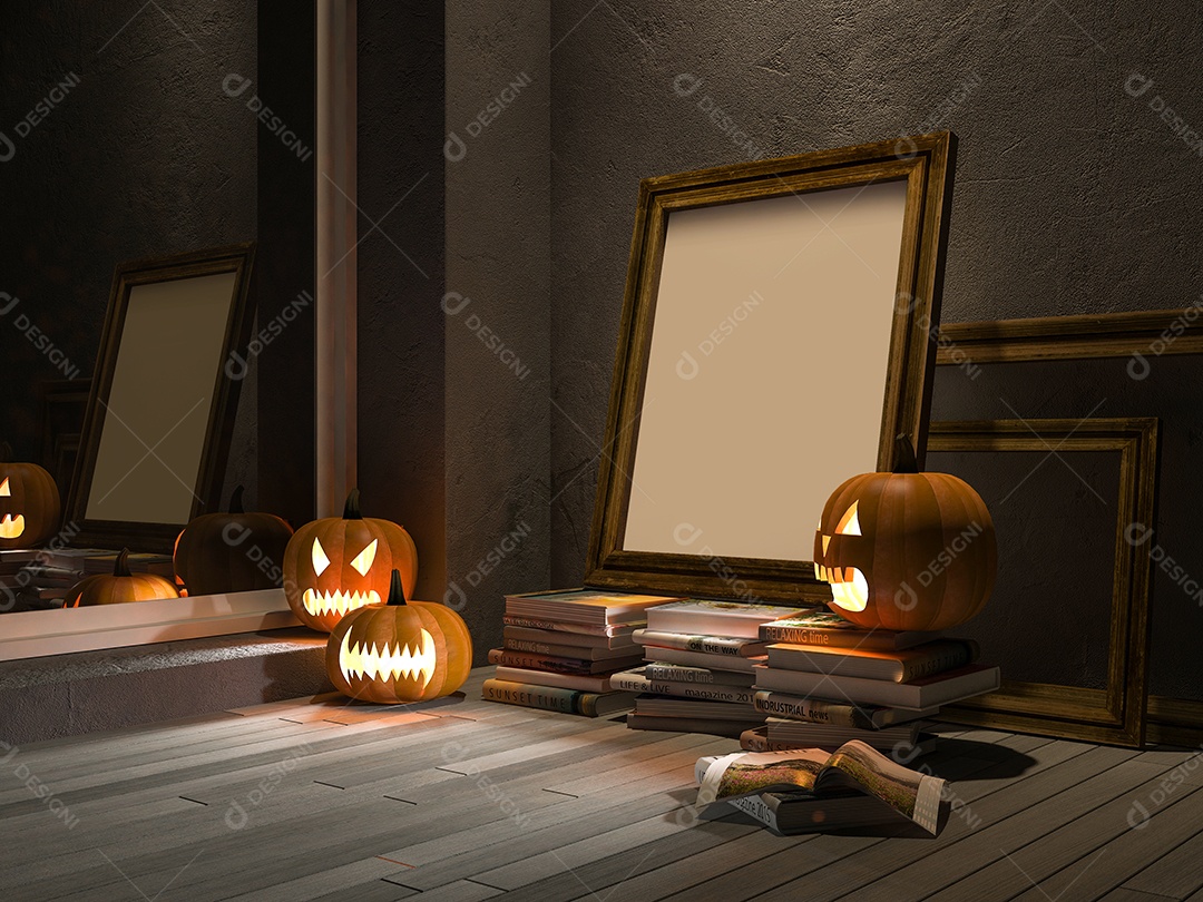 Imagem de cabeças de abóbora e moldura em branco e livros colocados no piso de madeira velho que têm parede de concreto rachado.