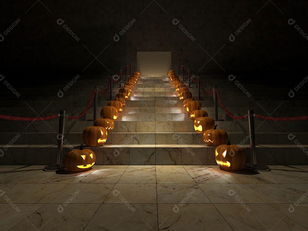 Imagem da escada de mármore que tem cabeça de abóbora no lado duplo, plano de fundo para o halloween.