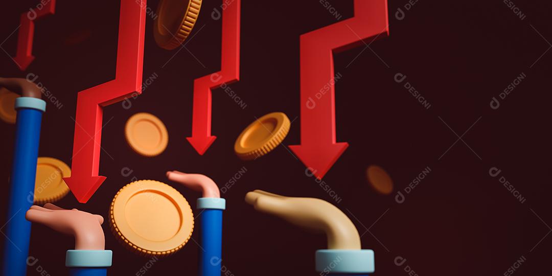 renderização 3D conceitualmente econômica. Setas de tendência baixa com mãos de homem de negócios e moeda.