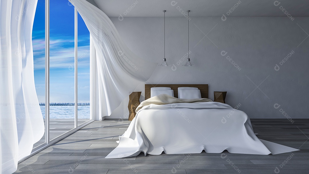 Imagem da cama no quarto à beira-mar na hora do pôr do sol e do nascer do sol, cortinas de tecido branco sendo sopradas pelo vento do mar.