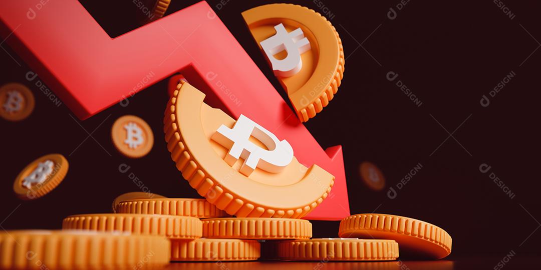 3d criptomoeda crise download de preços. Queda seta para baixo bitcoin quebrado no fundo vermelho escuro.