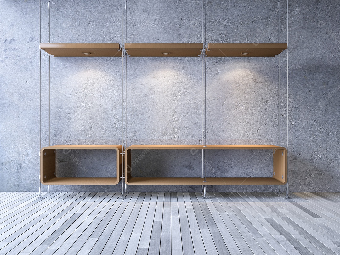 Imagem da forma de madeira pendurada no cabo, parede de concreto rachada como pano de fundo, piso de madeira velho.