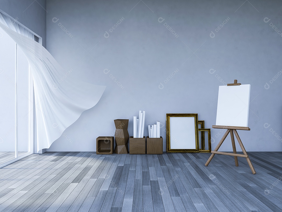 Sala de estar que rachou a parede de concreto e o tripé para pintura.