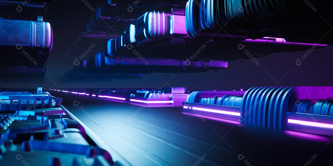 3d renderização futurista metal sci fi corredor com luz de néon azul e rosa.