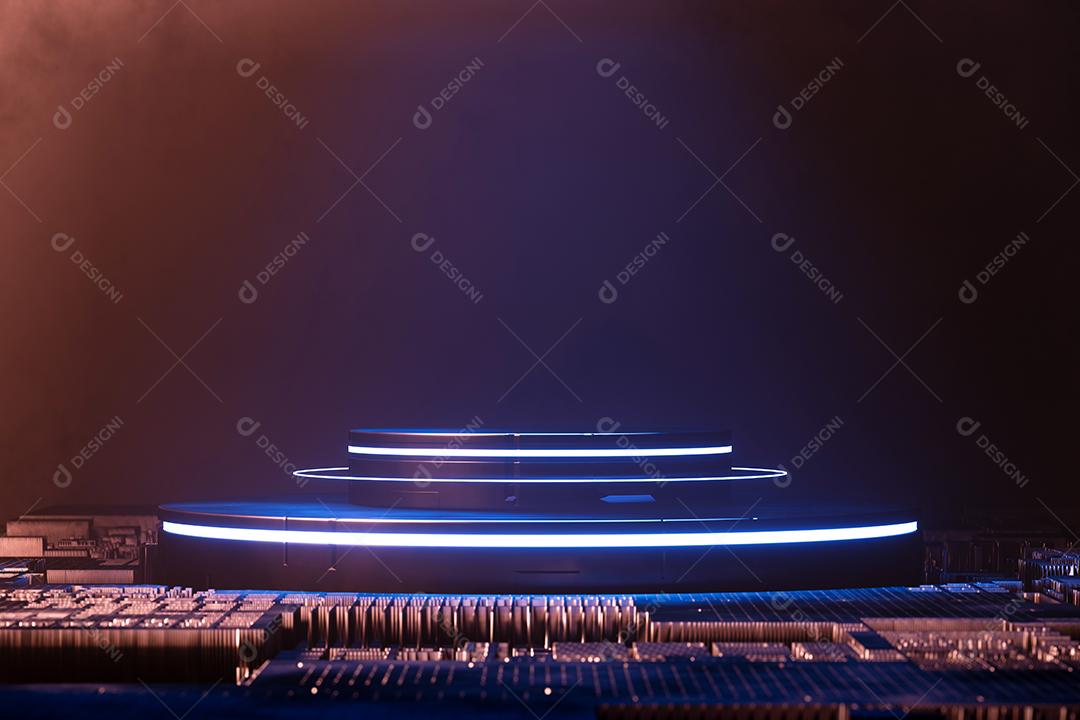 3d renderização pódio cilindro de néon azul no fundo escuro.
