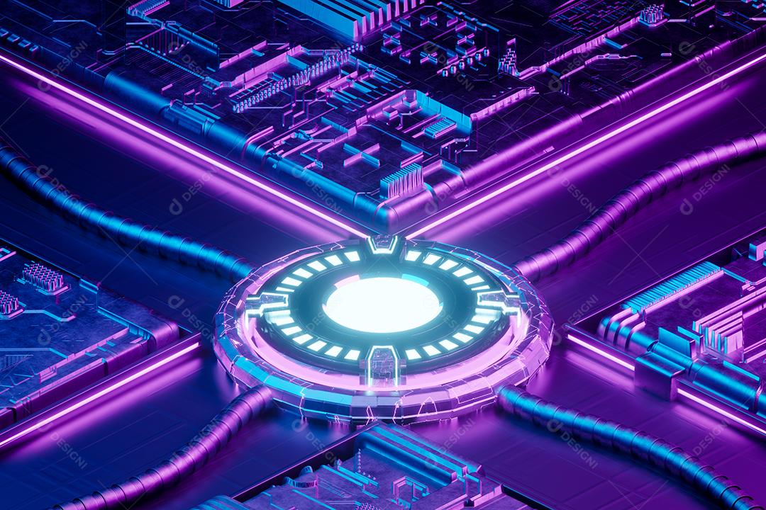 Isométrico 3d renderização sci-fi pódio vazio com luz de néon azul e roxo para exibição do produto.