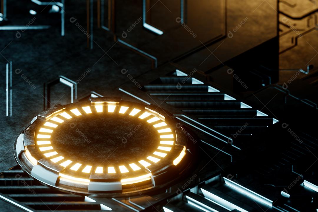 Renderização isométrica 3d sci-fi vazio pódio com luz de néon amarelo para exibição do produto.
