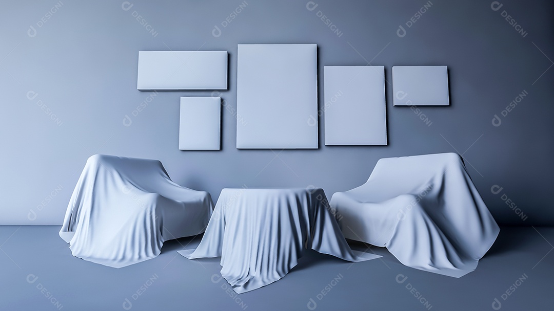 Mesa redonda renderizada em 3d e sofá coberto por tecido.