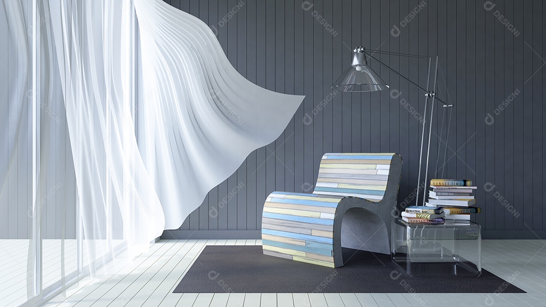 Sala de estar que tem parede de madeira cinza escura e piso de madeira branco e conjunto de sofá de madeira velho colorido.