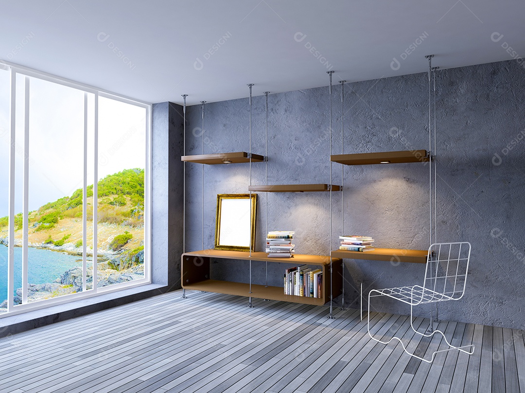 Imagem da forma de madeira pendurada no cabo, parede de concreto rachada como pano de fundo, piso de madeira velho.